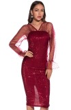 Autumn Elegant V Neck Red Sequins Mesh Long Sleeve Party Dress