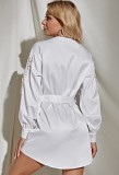 Autumn White Floral Lace Applique Long Sleeve Blouse Dress with Belt