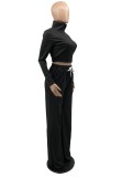 Autumn Casual Black Long Sleeve Zip Crop Top and Drawstring Loose Pants Set