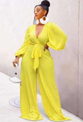 Autumn Yellow Polk Dot Wrap Puff Sleeve Loose Jumpsuit