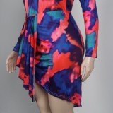 Autumn Tie Dye Long Sleeve Ruched Irrgular Casual Dress