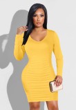 Autumn Sexy Yellow U Neck Ruched Long Sleeve Bodycon Dress