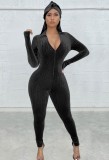 Fall Women Sexy Black Fitted Long Sleeve Zipper Jumpsuit
