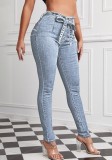 Fall Wash Light Blue Slim Jeans with Belt