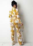 Fall Sexy Chain Floral White Crop Knotted Long Sleeve Blouse and Pants Set