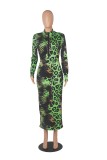 Autumn Sexy Green Snake Printed Zip Up Long Dress
