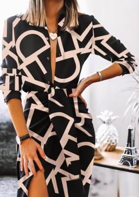 Fall Casual Print Button Up Basic Office Dress