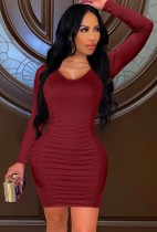 Autumn Sexy Burgundy U Neck Ruched Long Sleeve Bodycon Dress