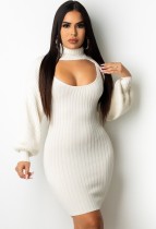 Fall Sexy White Keyhole High Neck Puff Sleeve Knitted Dress