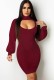 Fall Sexy Burgundy Keyhole High Neck Puff Sleeve Knitted Dress