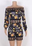 Fall Sexy Black Floral Off Shoulder Long Sleeve Romper