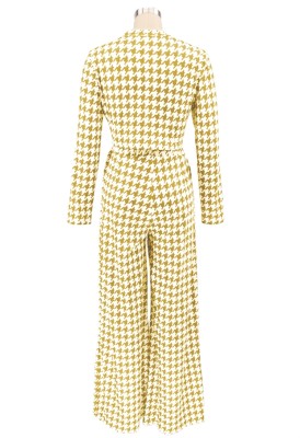 Fall Yellow Plaid Long Sleeve Top and Wide Pants Set