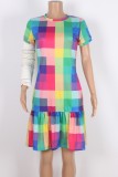 Summer Casual Multicolor Plaid Short Sleeve Frill Mini Dress