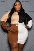 Autumn Plus Size Contrast Color Long Sleeve Mini Dress