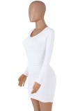 Autumn Sexy White U Neck Ruched Long Sleeve Bodycon Dress