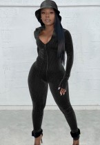 Fall Women Sexy Black Fitted Long Sleeve Zipper Jumpsuit