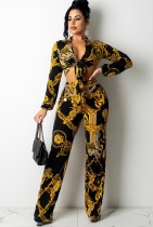 Fall Sexy Chain Floral Black Crop Knotted Long Sleeve Blouse and Pants Set