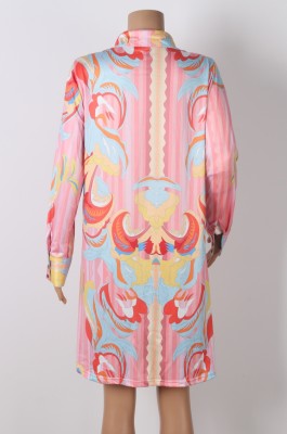 Fall Multicolor Print Turndown Collor Long Sleeve Casual Dress