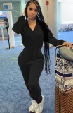 Fall Sports Black Velvet Zip Drawstring Long Sleeve Jumpsuit