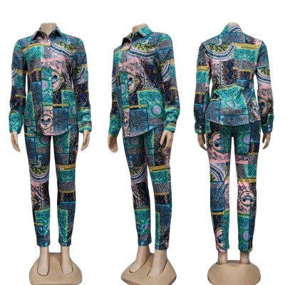 Autumn African Retro Print Blouse and Matched Pants Set