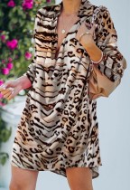Fall Leopard Print Turndown Collor Long Sleeve Casual Dress