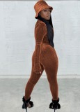 Fall Women Sexy Brown Fitted Long Sleeve Zipper Jumpsuit