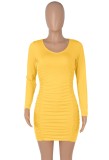 Autumn Sexy Yellow U Neck Ruched Long Sleeve Bodycon Dress