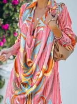 Fall Multicolor Print Turndown Collor Long Sleeve Casual Dress