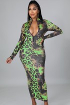 Autumn Sexy Green Snake Printed Zip Up Long Dress