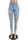 Fall Sexy Lace Up Ripped High Waist Jeans