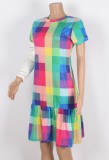 Summer Casual Multicolor Plaid Short Sleeve Frill Mini Dress