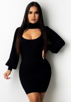 Fall Sexy Black Keyhole High Neck Puff Sleeve Knitted Dress