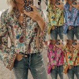 Fall Casual Blue Floral Button Up Blouse