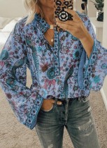 Fall Casual Blue Floral Button Up Blouse