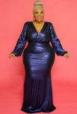 Autumn Plus Size Blue Shiny V-neck Puff Sleeve Evening Gown