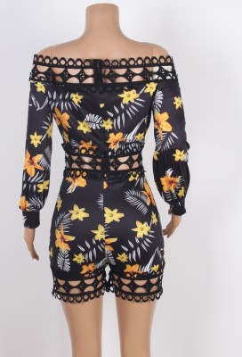 Fall Sexy Black Floral Off Shoulder Long Sleeve Romper