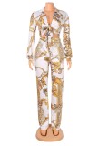 Fall Sexy Chain Floral White Crop Knotted Long Sleeve Blouse and Pants Set