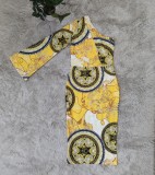 Autumn Casaul Yellow Retro Print One Shoulder Long Dress