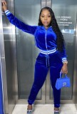 Autumn Casaul Blue Turn down Collar Zipper Long sleeve Top and Pant Tracksuit