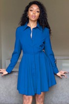 Autumn Blue Ruffles Botton-Open Long Sleeve Shirt Dress