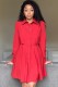 Autumn Red Ruffles Botton-Open Long Sleeve Shirt Dress