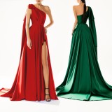 Summer Elegant Red One Shoulder Sleeveless Slit Long Evening Dress