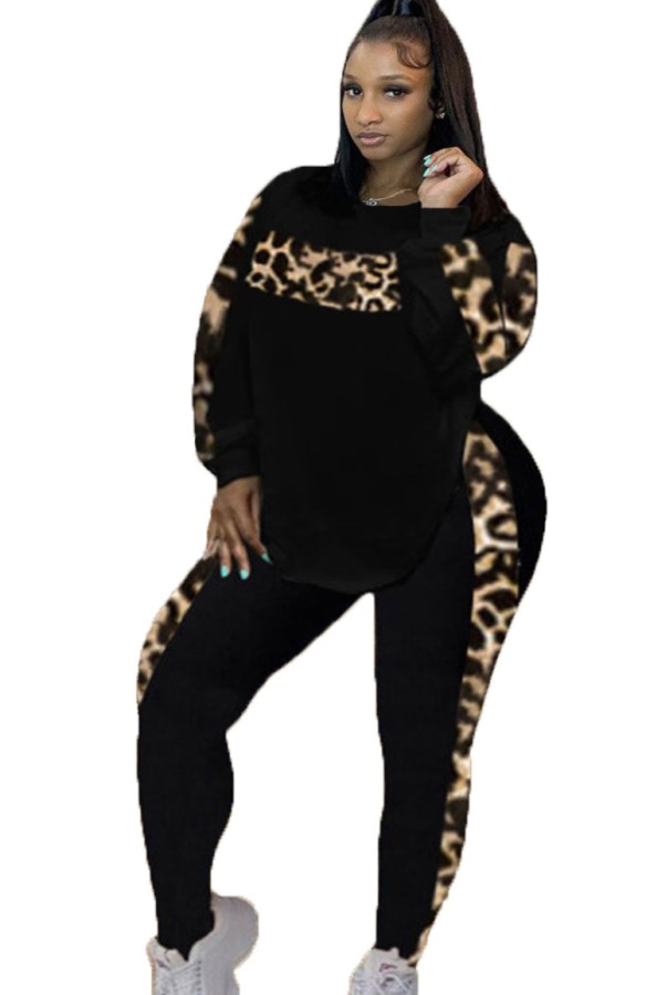 Autumn Plus Size Black with Tape Leopard Print Long Sleeve Top and pant Set