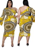 Autumn Plus Size Casaul Yellow Retro Print One Shoulder Long Dress