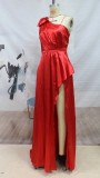 Summer Elegant Red One Shoulder Sleeveless Slit Long Evening Dress