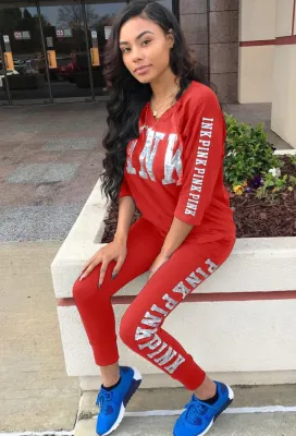 Autumn Casaul Red Letter Print Three-quarters sleeve Top and Pant Set