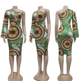Autumn Casaul Green Retro Print One Shoulder Long Dress