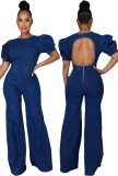 Summer Jeans Blue Backless Puffed Short Sleeve Denim Jumpsuit