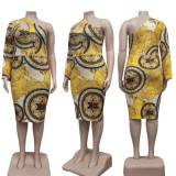 Autumn Plus Size Casaul Yellow Retro Print One Shoulder Long Dress