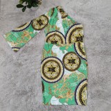 Autumn Plus Size Casaul Green Retro Print One Shoulder Long Dress